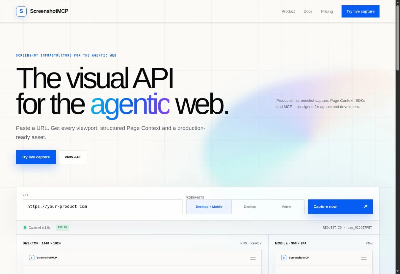Recorded desktop screenshot of the ScreenshotMCP Spectral homepage